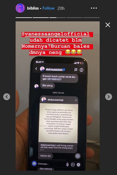 Terungkap aktris Vanessa Angel pernah mendapatkan direct message (DM) dari motivator Dedy Susanto itu.