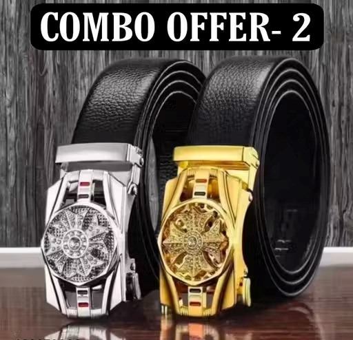 Belt for mens, combo pack of 2 belts. Silver and gold buckles set, formal and casual wear.(B102)