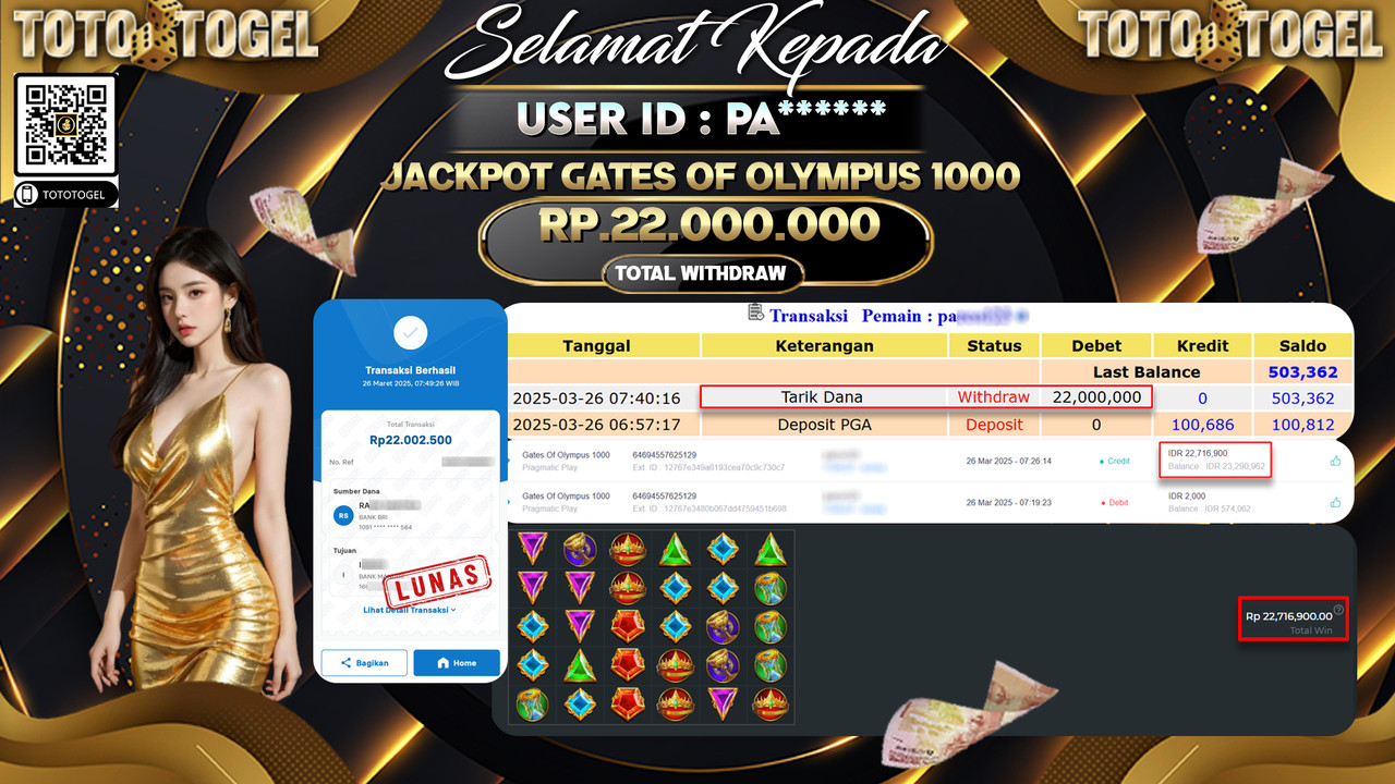 Bukti Pembayaran Jackpot  Permainan Slot Gates Of Olympus 1000 ID:PA*** LUNAS