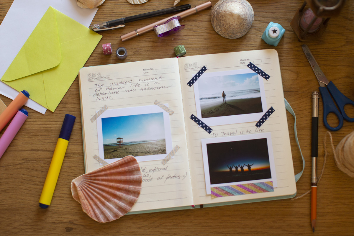 top view creative journal desk