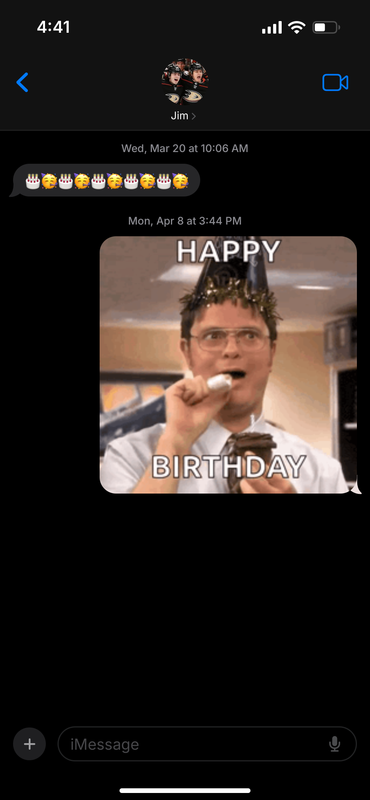 Text message between Trevor and Jamie, displaying Jim at the top with a thumbnail of the two celebrating in their Ducks uniforms. Dated Wed Mar 20 at 10:06 am. J: alternating birthday cake and celebrating face emojis T: GIF of Dwight Schrute blowing a noisemaker with Happy Birthday superimposed over him