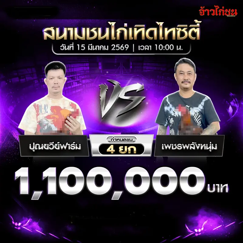 โปรแกรมไก่ชน คู่ ธัญญารัตน์ฟาร์ม พบ เพชรน้องใหม่ สนามชนไก่เทิดไทซิตี้ 15 มีนาคม 2569