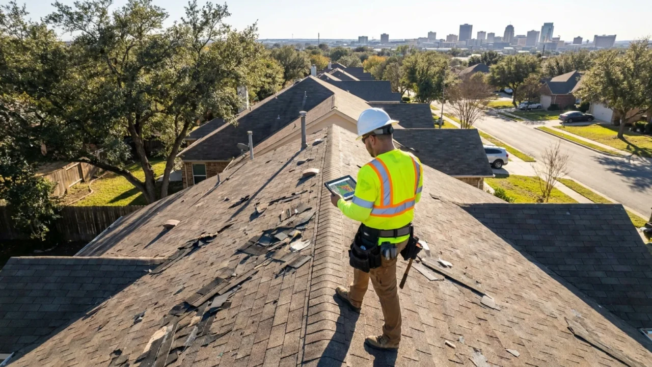 San Antonio roof contractor inspecting shingle damage assessment