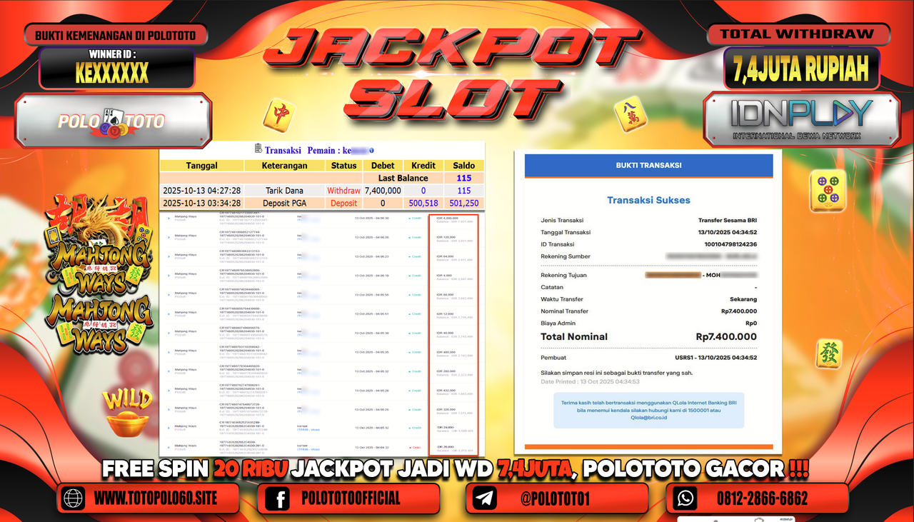 POLOTOTO JACKPOT SLOT MAHJONG WAYS Rp.7.400.000,- LUNAS