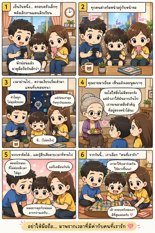 Thai 6-Panel Comic Prompt (Cute Chibi Family Story with Moral Lesson)