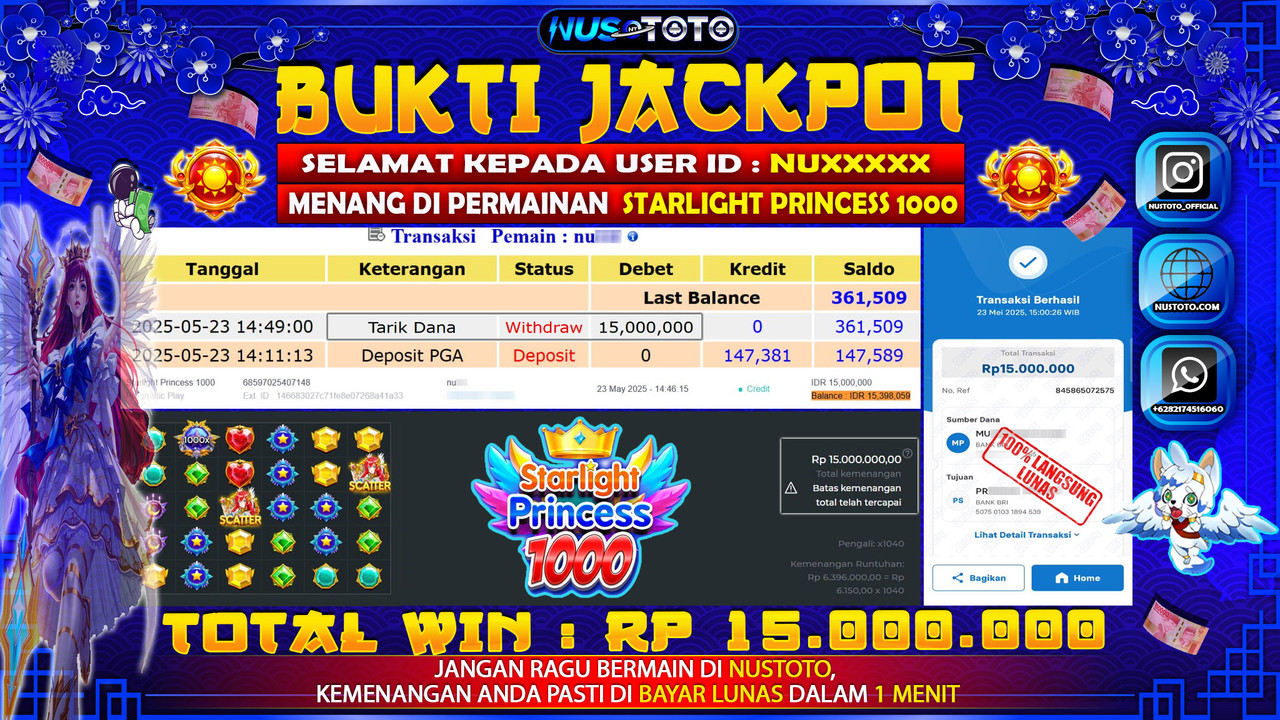 JACKPOT !! MENANG BESAR DI SLOT STARLIGHT PRINCESS 1000 Rp. 15.000.000 LANGSUNG DI BAYAR LUNAS NUSTOTO !!