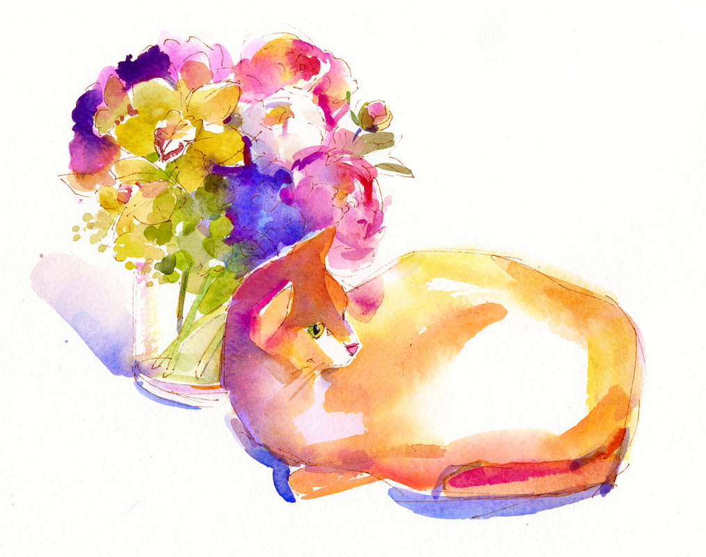 John-Keeling-Orange-cat-with-Flowers-2014-watercolor-Meister-Drucke-382497