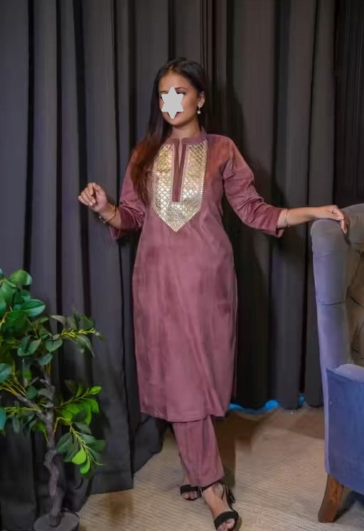 Women's Woolen Velvet Kurta and Pant Set | Winter Wear | Warm Velvet Ethnic Outfit | V-Neck Embroidery Lace Work Design | Pitch Color Color 2 (KS129)