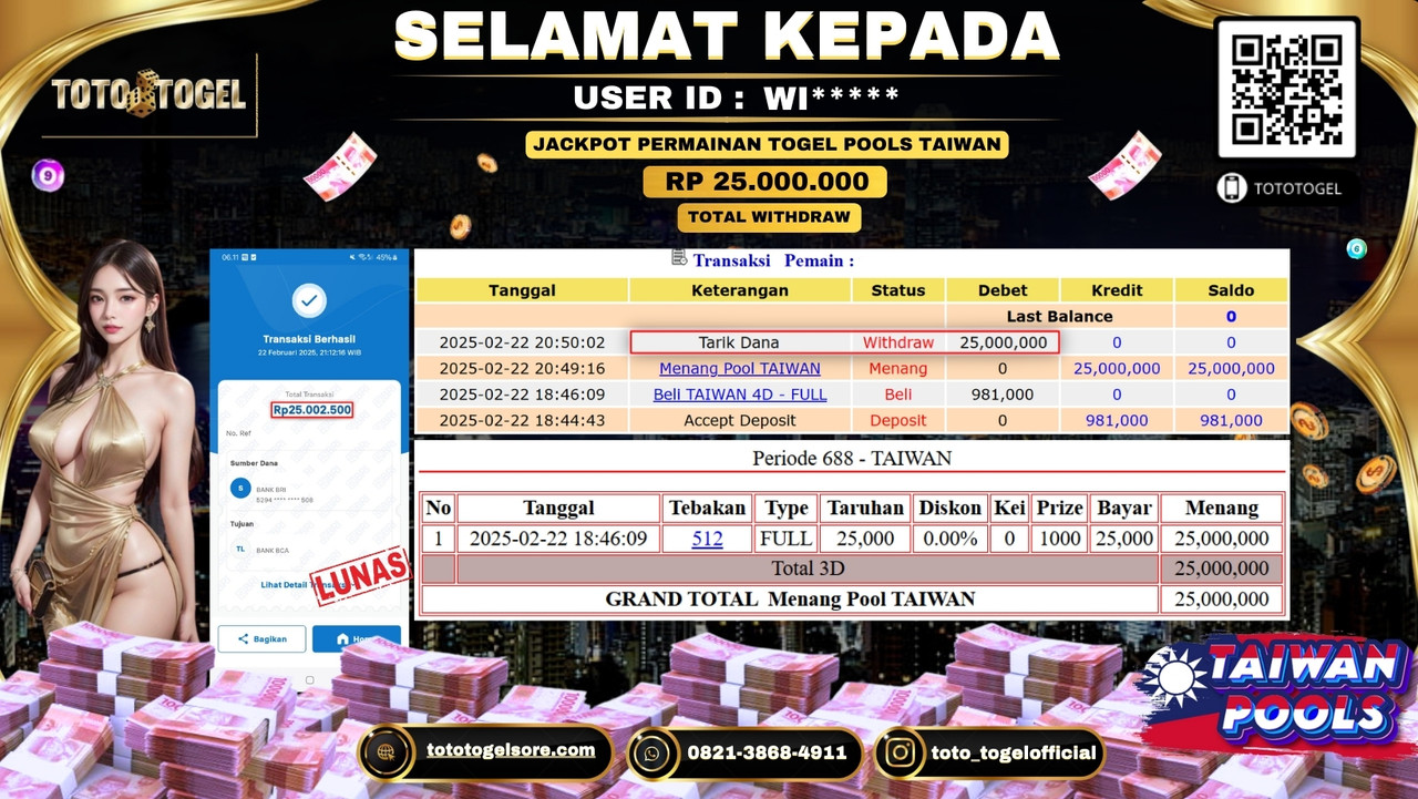 Bukti Pembayaran Jackpot  Permainan Togel Pools Taiwan  ID:WI***** LUNAS
