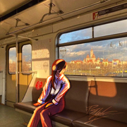 digital art of a girl with dark brown hair wearing headphones, a white dress shirt, and red pants sitting in a train at sunset.