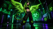 Female-dressed-in-black-trip-pants-with-green-biohazard-symbols-She-wears-a-black-top-that-shows-he