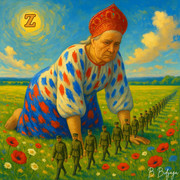 An old woman in a kokoshnik kneels as an endless line of soldiers marches past.