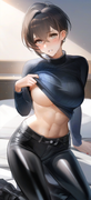1girl, liduke, Tall, black leather jumper, short hair, tomboy, abs, black jeans, s-11971199