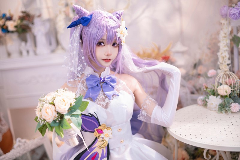 艾西Aiwest 刻晴花嫁Cosplay写真图集 原神刻晴婚纱高清图集 40P (223.2M)插图4
