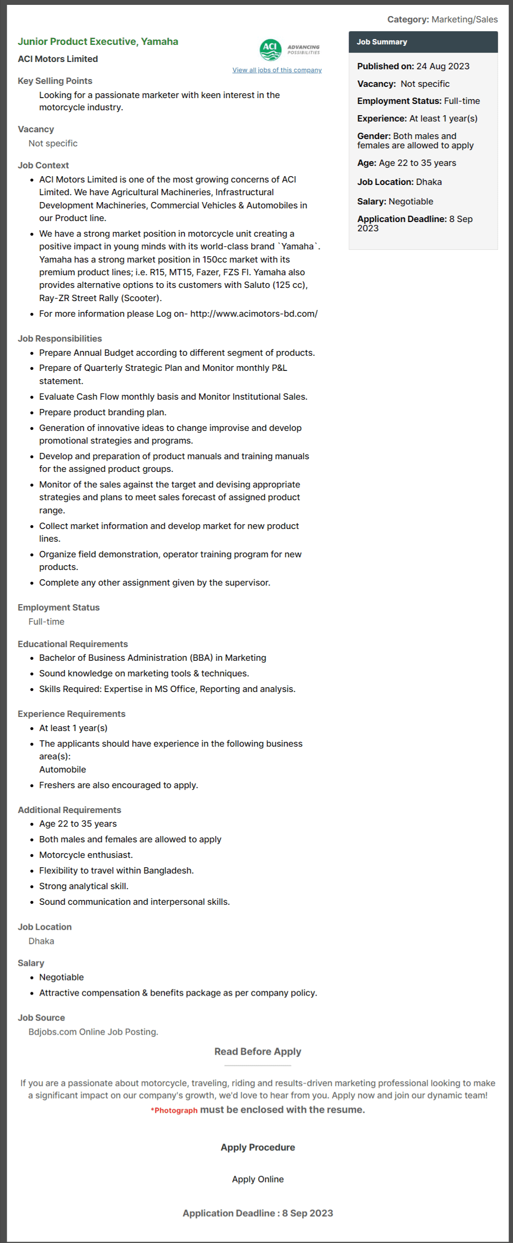 ACI Motors Ltd Job Circular 2026