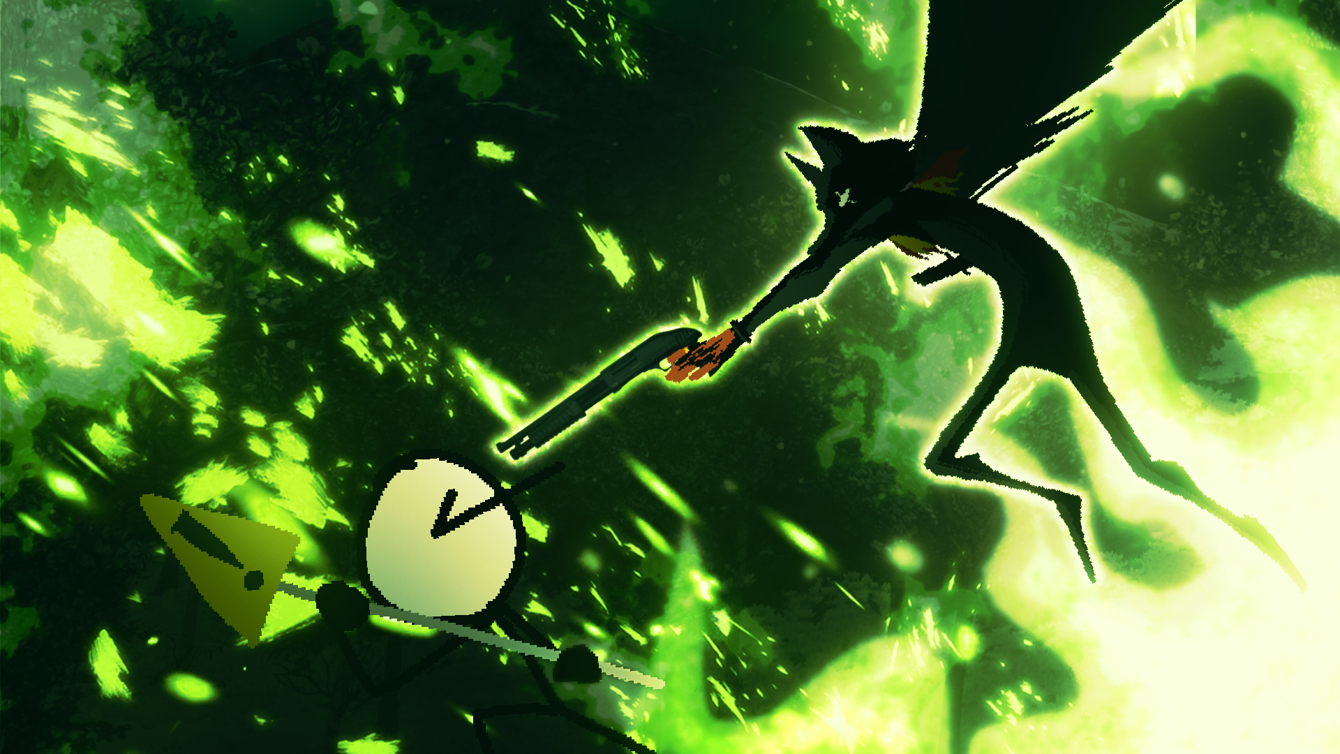 Jack (Bec) Noir holds a shotgun to the back of a stickman's head. Green flame envelops the bottom right of the image, including some of Jack. The background is distorted and unrecognizable as green sparks fly throughout it. The stickman is holding a yield sign.
