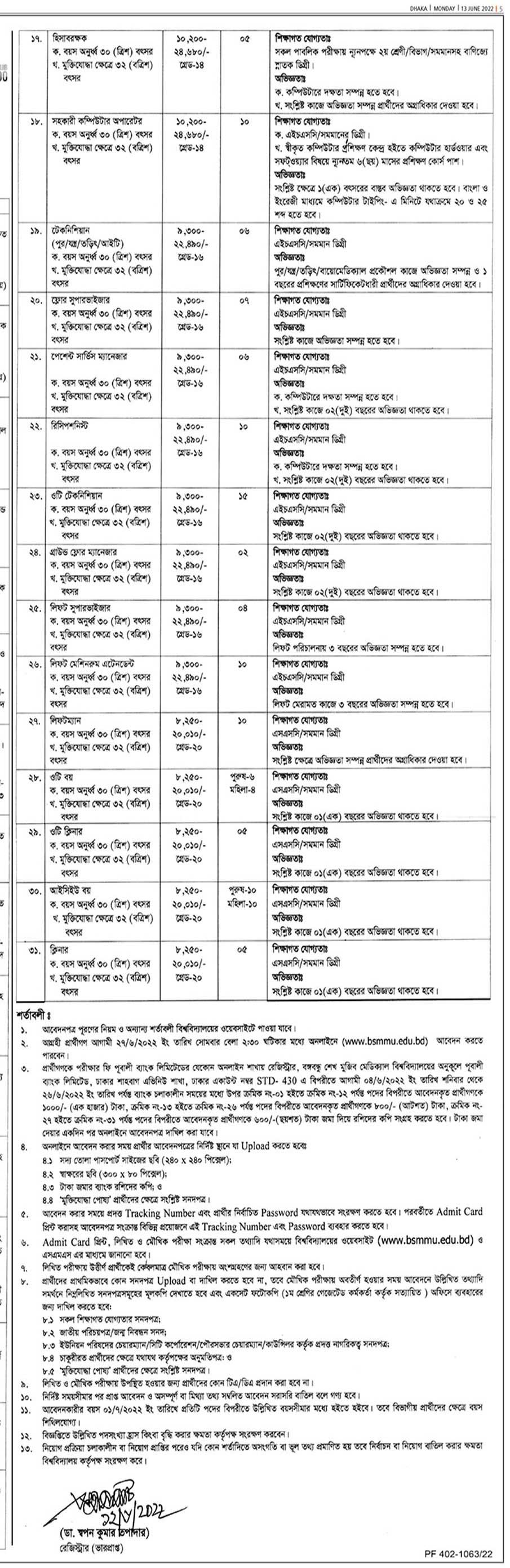 বঙ্গবন্ধু শেখ মুজিব মেডিকেল বিশ্ববিদ্যালয় নিয়োগ ২০২২