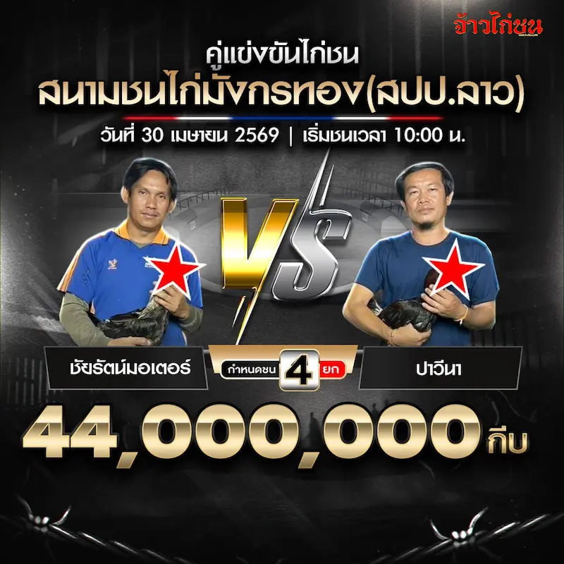 ชัยรัตน์มอเตอร์ vs ปาวีนา สนามชนไก่มังกรทอง 30 เมษายน 2569
