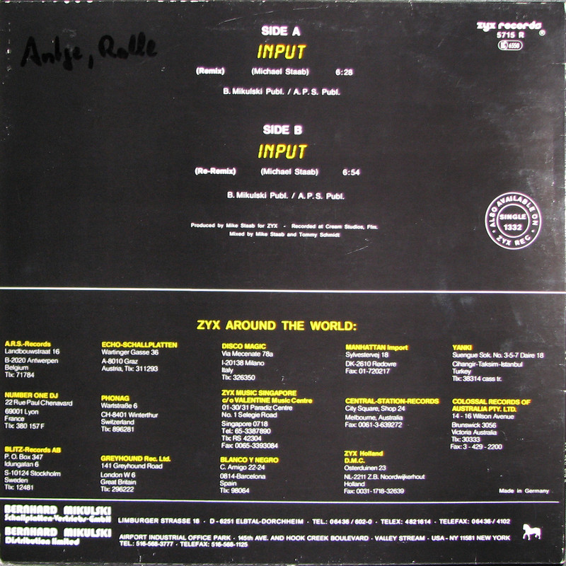 remix - 31/10/2023 - S-50 – Input (Remix)(Vinil, 12, 45 RPM)(ZYX Records – ZYX 5715 R)  1987 S-50-Input-Remix-12-Back