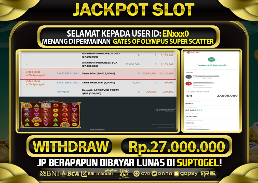  BUKTI KEMENANGAN 14 JULY 2025 MENANG DI PERMAINAN GATES OF OLYMPUS SUPER SCATTER  TOTAL WD 27 JUTA