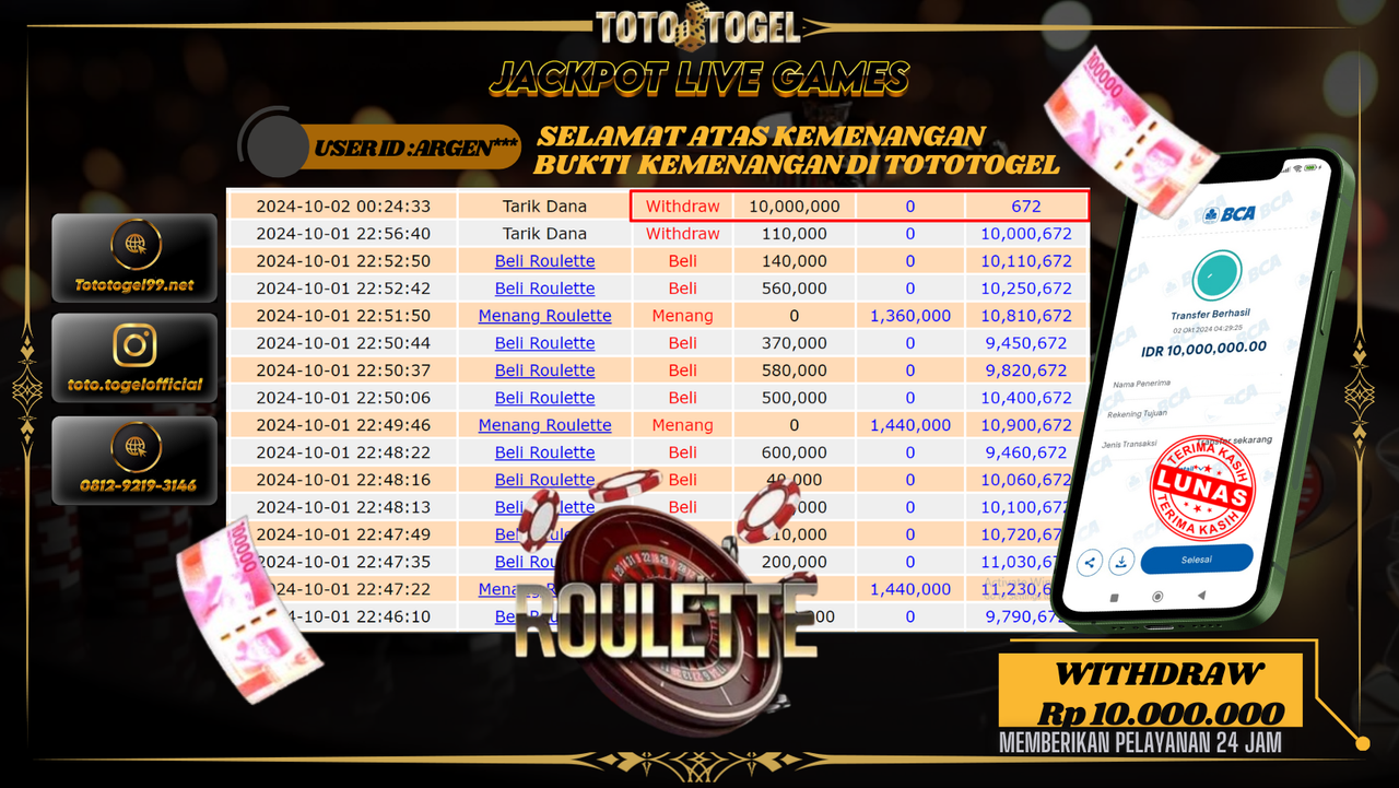Bukti Kemenangan Permainan Live Games Roulette   ID : ARGEN** Terbayar Lunas!!
