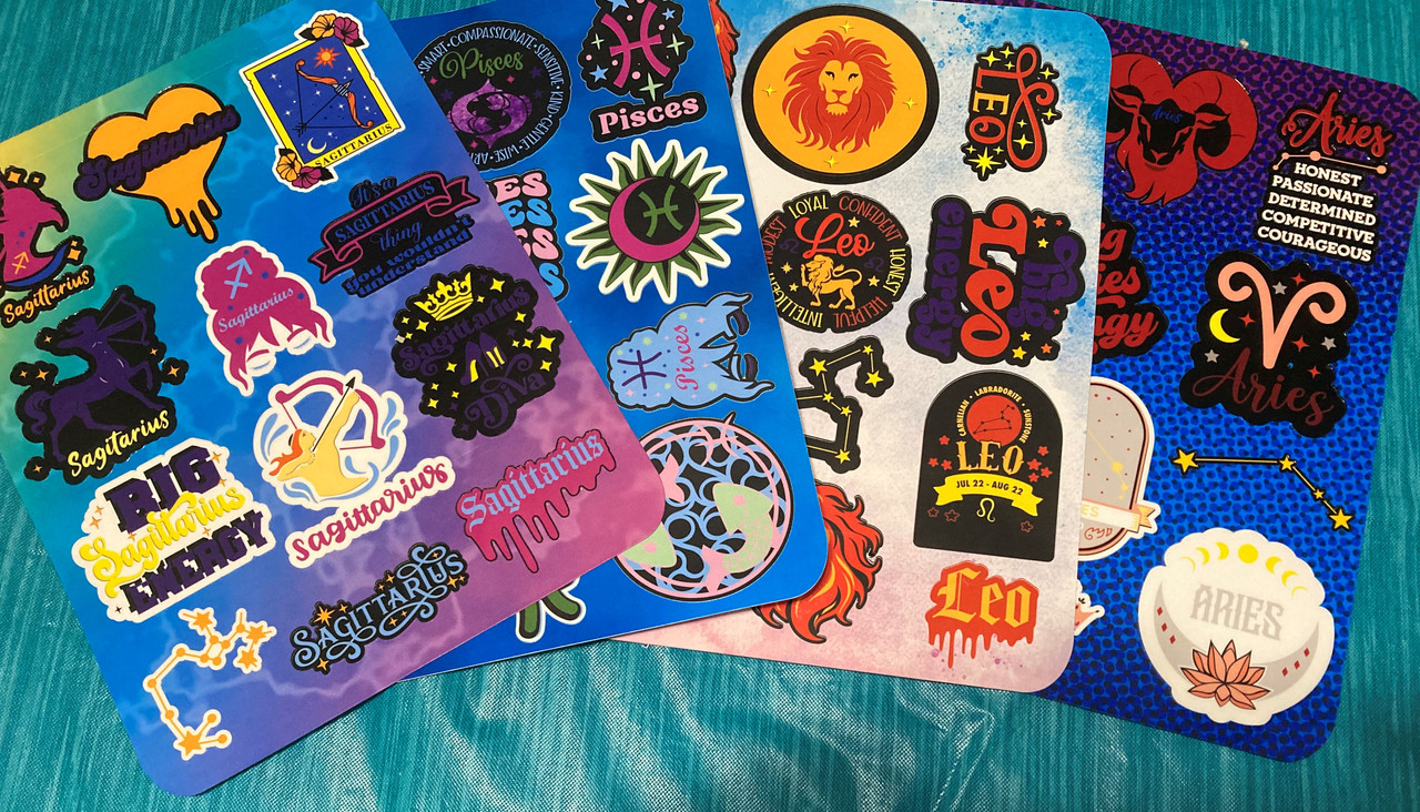 sagittarius, aries, pisces, leo sticker packs