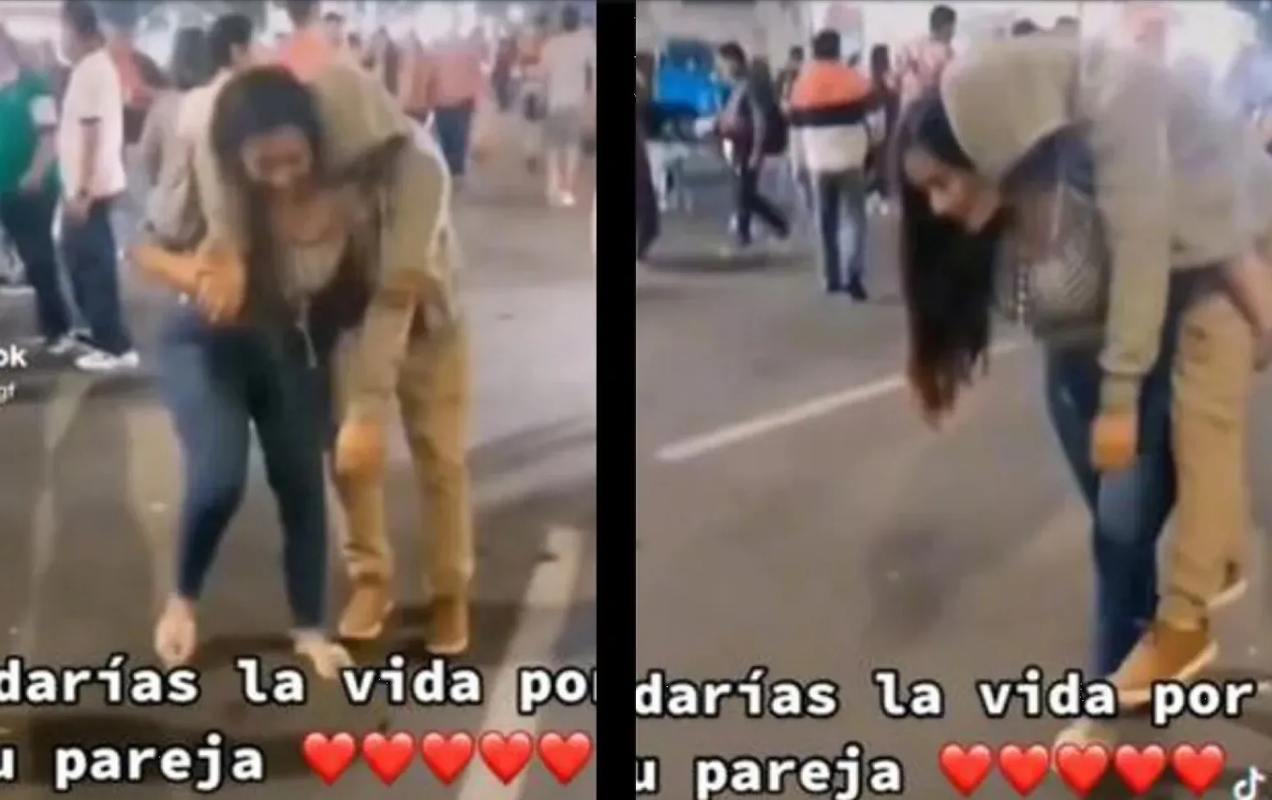 Chica cargó a su novio ebrio para evitar que no se cayera