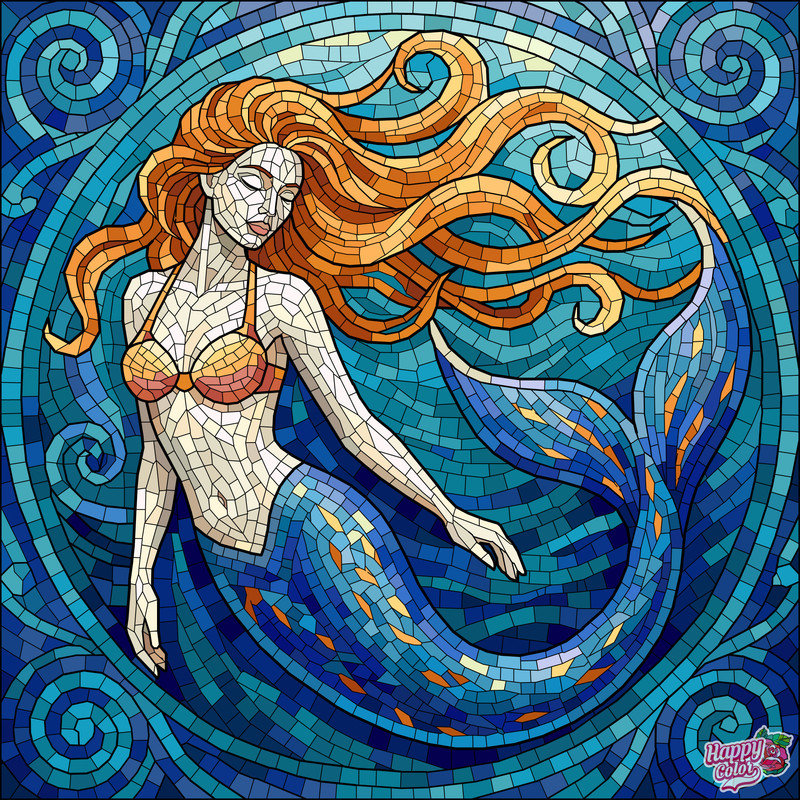 mosaic digital coloring page of a mermaid