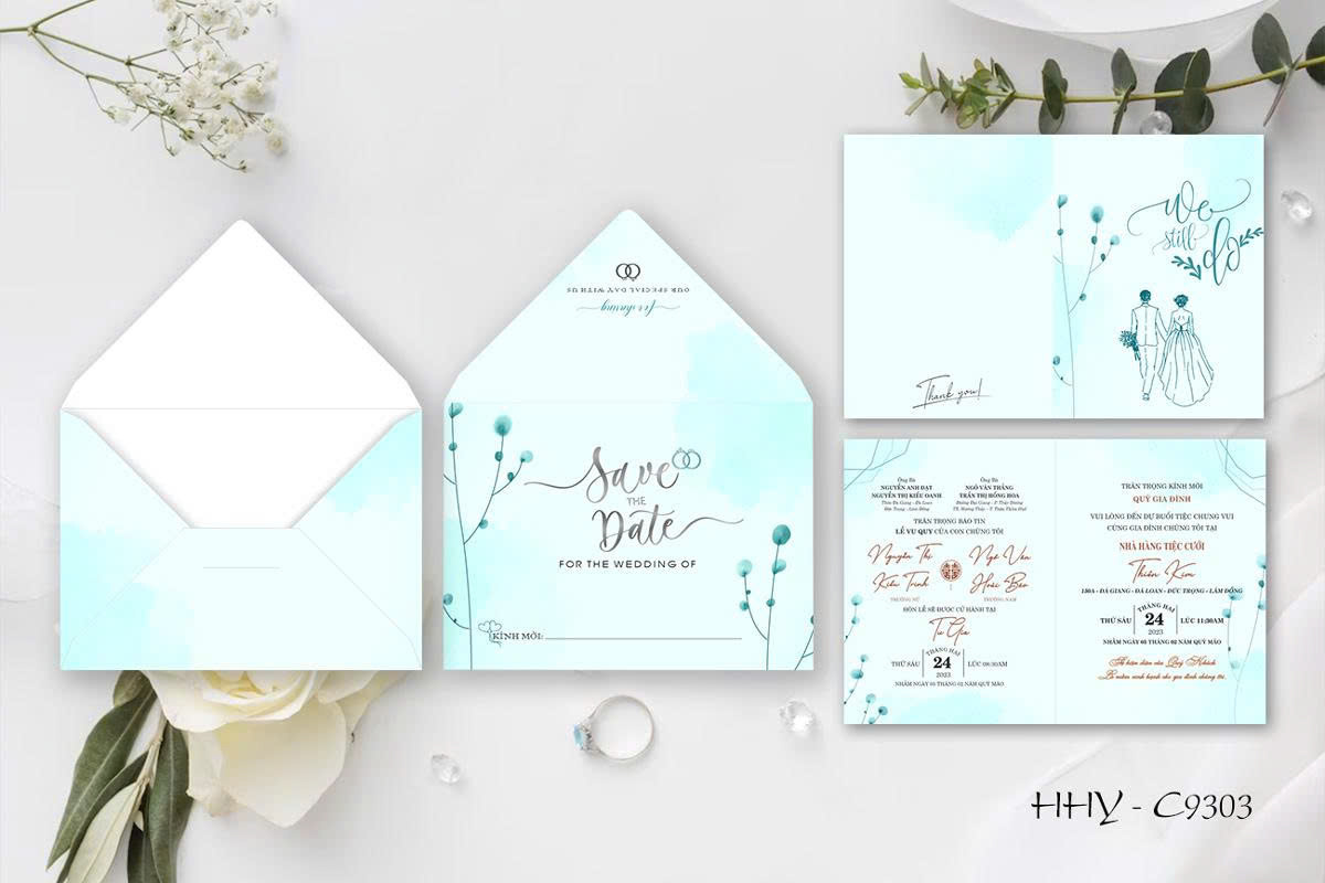 Thiệp save the date tone xanh ngọc nhạt (9303)