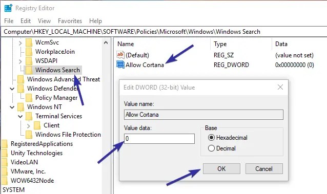 Disable Cortana Registry Method