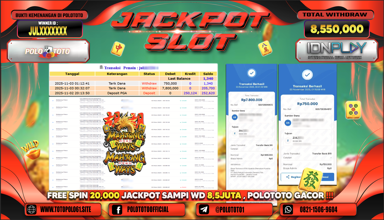 POLOTOTO JACKPOT SLOT MAHJONG WAYS Rp.8.550.000,- LUNAS