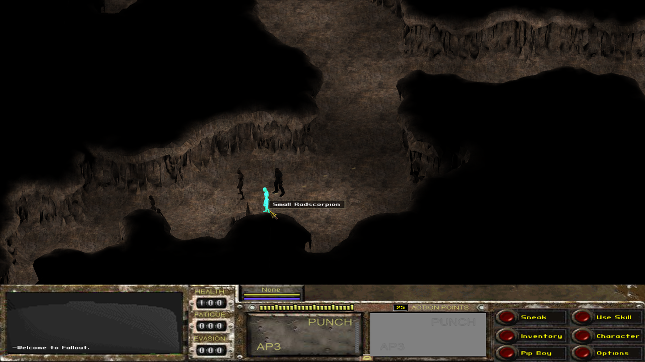 A screenshot from Van Buren, showing an unused cave. Naked people are standing around, all labelled 'Small Radscorpion', due to a broken file.