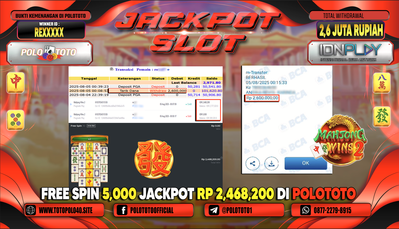 POLOTOTO JACKPOT SLOT MAHJONG WINS 2 Rp.2.600.000,-LUNAS
