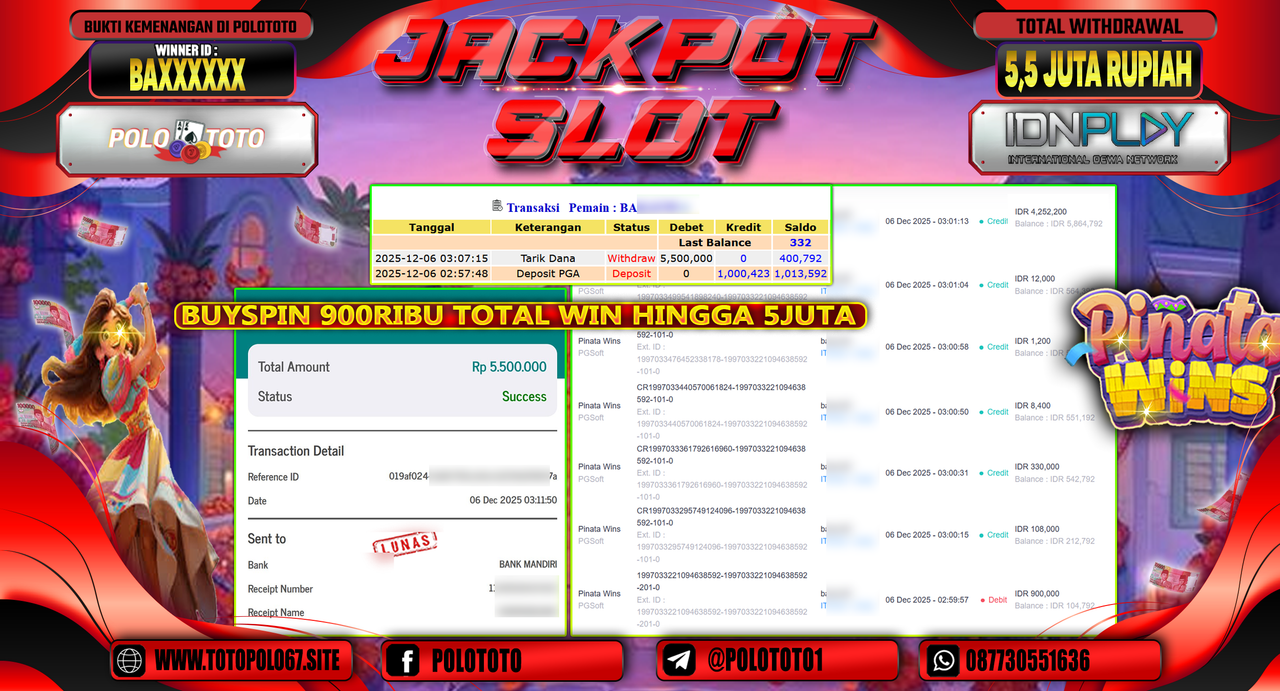 POLOTOTO JACKPOT SLOT PINATA WINS Rp.5.500.000,- LUNAS
