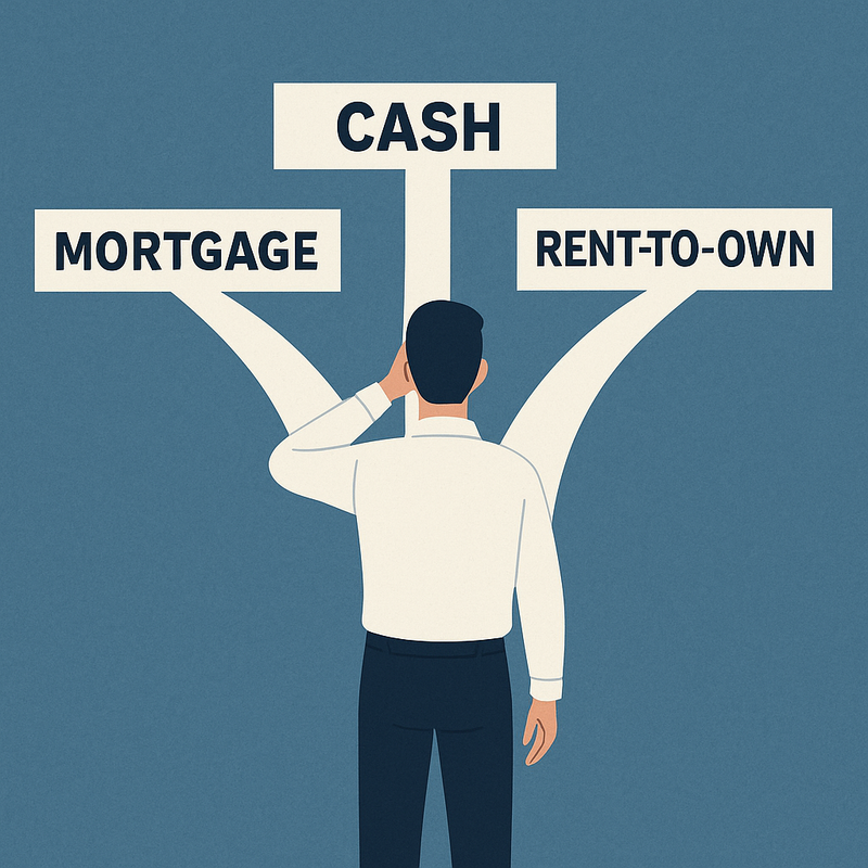 Person choosing between three paths labeled Cash, Mortgage, and Rent-to-Own for buying property in Thailand