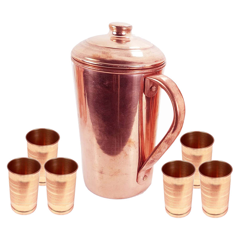 Jarra de cobre puro con vaso de vidrio para servir agua beneficio para la salud restaurante regalo - Imagen 4 de 4
