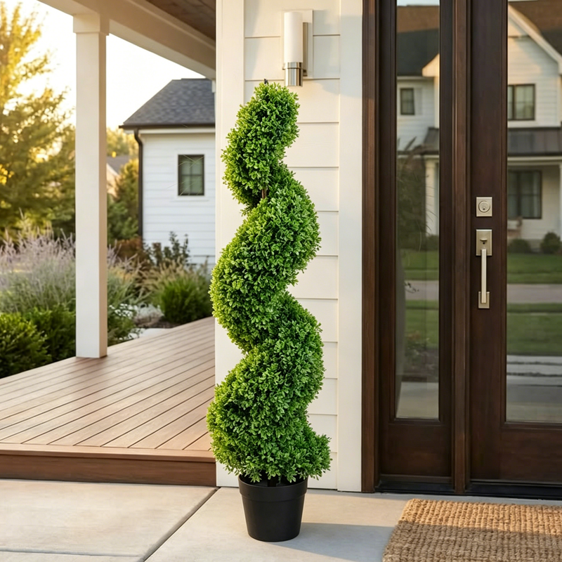 Artificial boxwood topiary for front porch