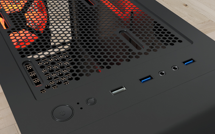 Interior del case Xtech Phobos mostrando el espacio para componentes y ventiladores.
