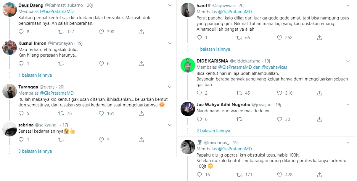 Komentar yang menanggapi cuitan dr Gia tentang kentut