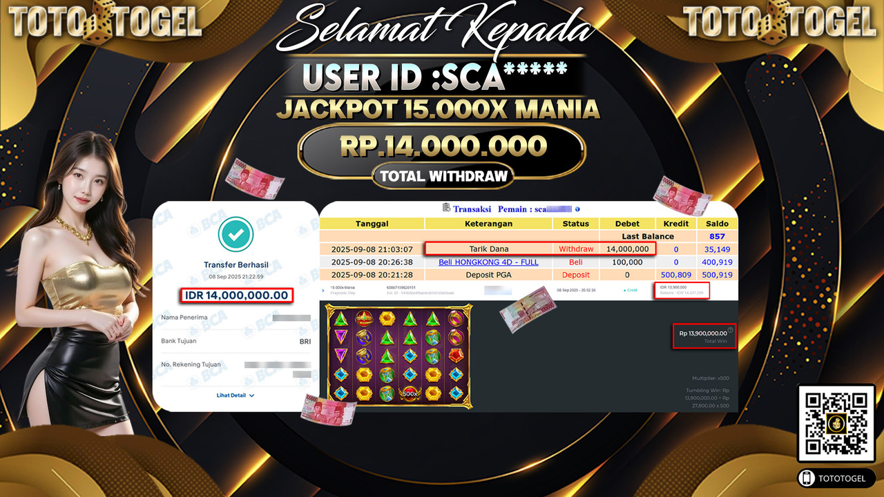 Bukti Pembayaran Jackpot Permainan Slot 15.000X Mania ID:SCA***** LUNAS