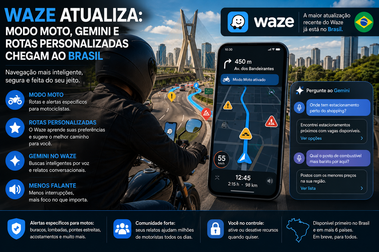 Waze ganha modo moto, Gemini e rotas personalizadas no Brasil mas dirigir melhor exigirá confiar mais no algoritmo