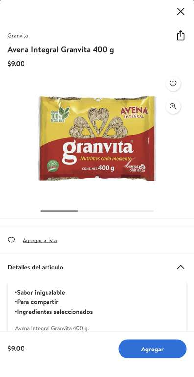 Walmart Super: Avena Integral Granvita 400 g 
