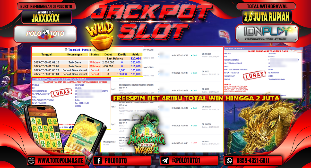 POLOTOTO JACKPOT SLOT MAHJONG WAYS 2 Rp.2.600.000,-LUNAS