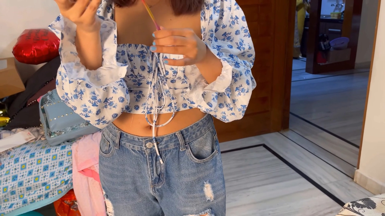 Cute Sexy Girl hot Navel and boobs in blue crop top and jeans mp4 snapshot 00 14 340