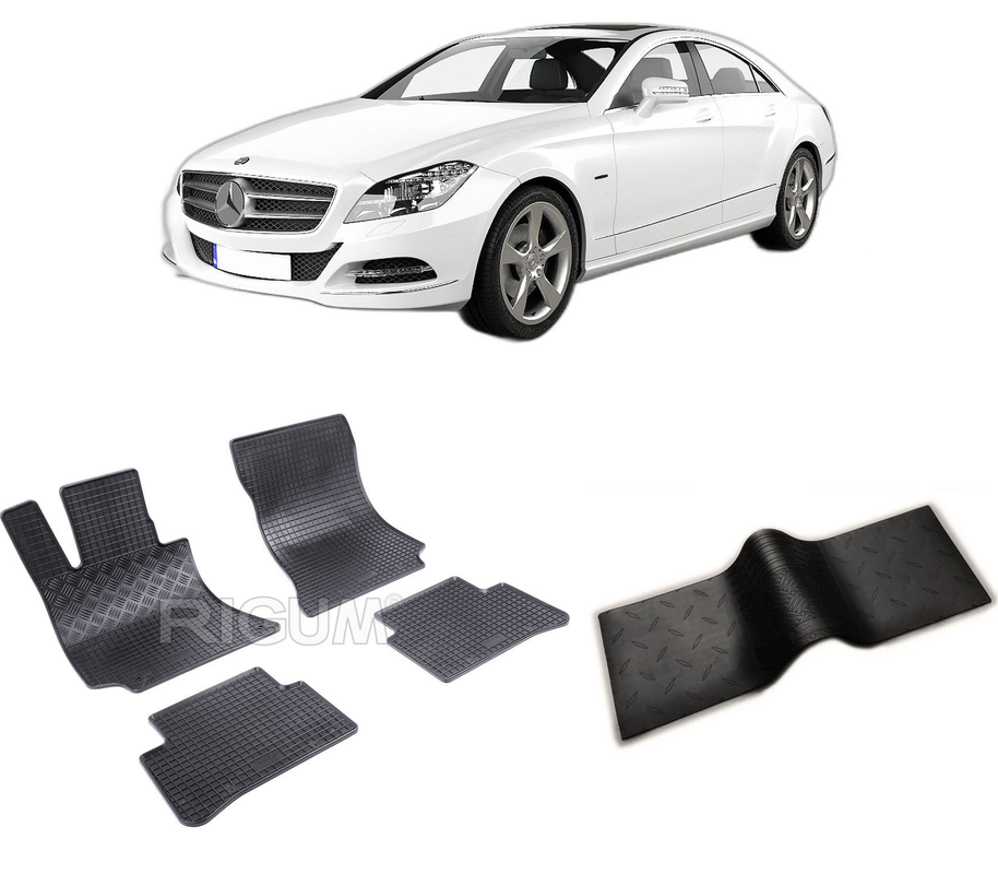 Set covorase auto MERCEDES CLS C218 din 01.2011-02.2018, cu covoras tunel median, CAROSERIE COUPE C218 / X218, Presuri cauciuc 100%, compatibil cu autoturismul MERCEDES CLS C218, Rigum