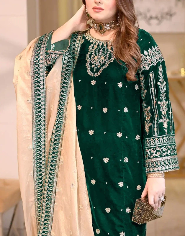 Bottle-Green Velvet Unstitched Winter Dress – Handwork, Pearl & Zari