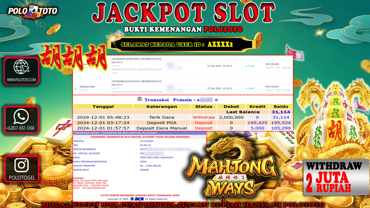 POLOTOTO JACKPOT SLOT MAHJONG WAYS Rp.2,000.000,-