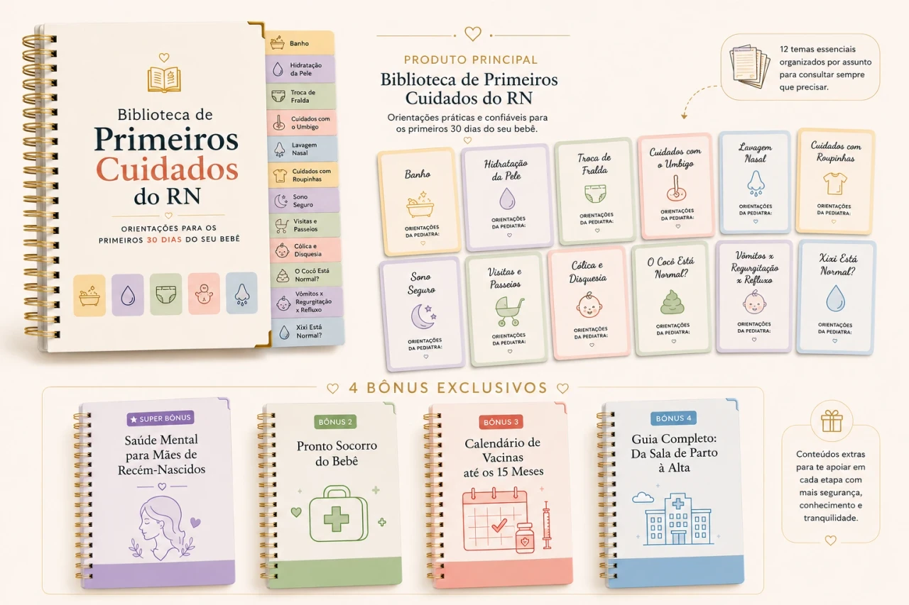 Tudo que você recebe: Biblioteca de Primeiros Cuidados do RN, 126 orientações e 4 bônus