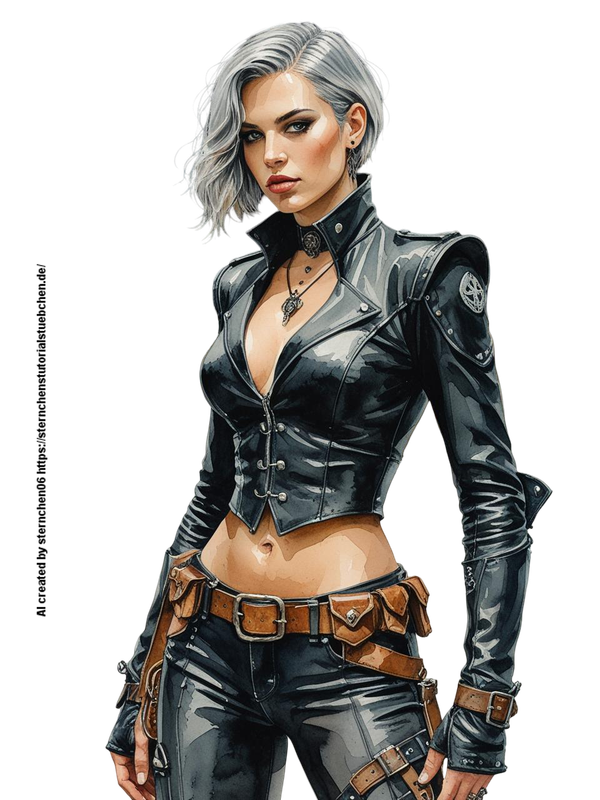 hells angel ,steampunk in black leather clothes, silver short Hair, aquarellpainting 4k, full body (