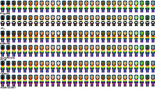 a row of people with pride flag shirts and darker cyan hair